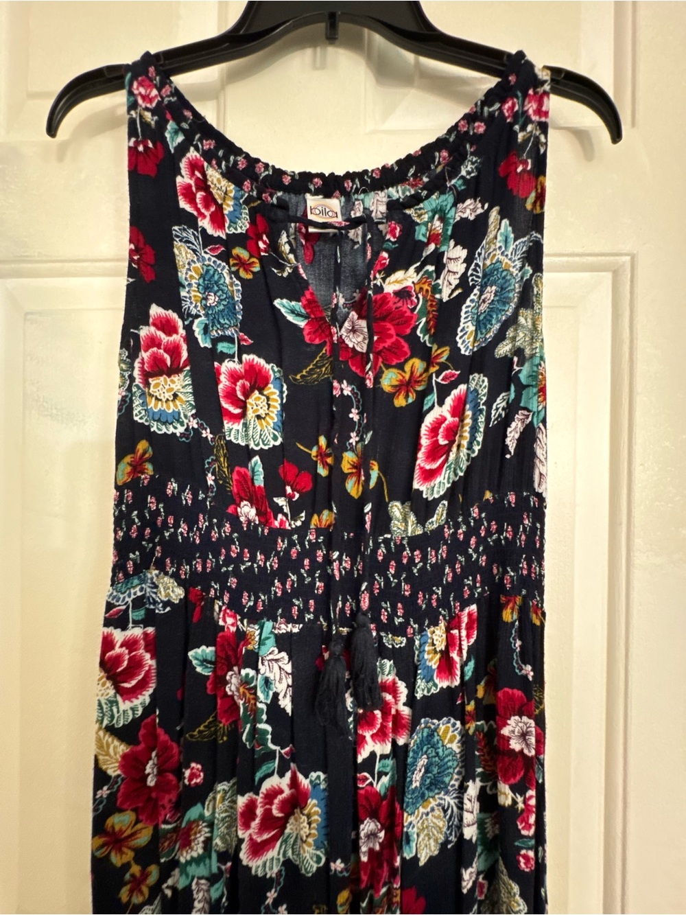 Bila Navy Floral Smocked Maxi Dress with Red & Teal Blooms